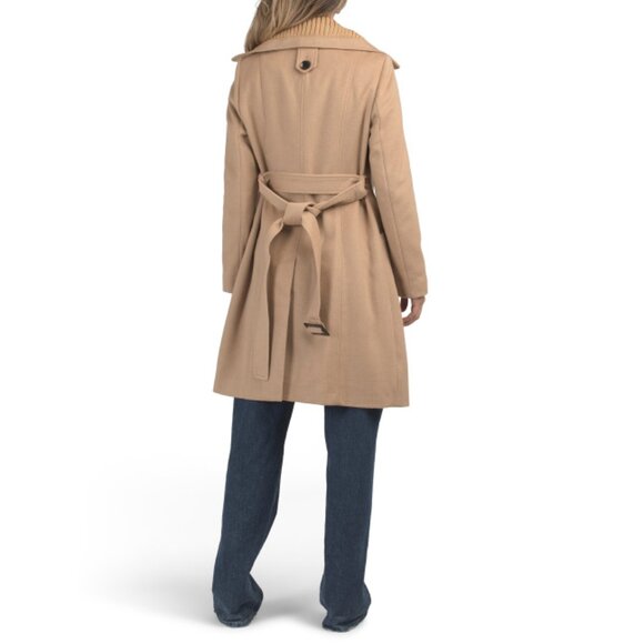 SAM EDELMAN Camel Wool Blend Trench Coat With Ribbed Knit Collar - Picture 2 of 2